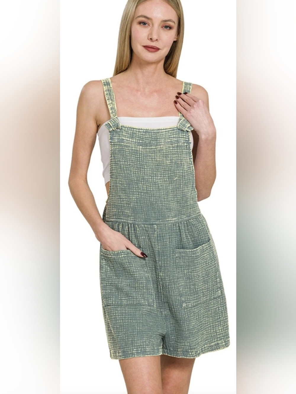 Zenana Woven Double Gauze Acid Washed Romper Ash Jade New